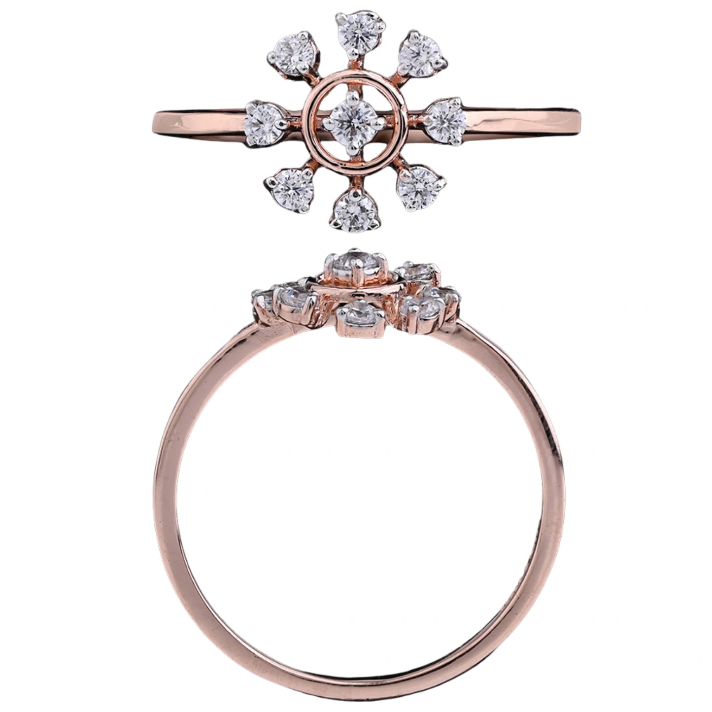 Rose gold ring with a central round diamond surrounded by eight smaller diamonds arranged in a starburst or floral pattern, shown from the top and side views.