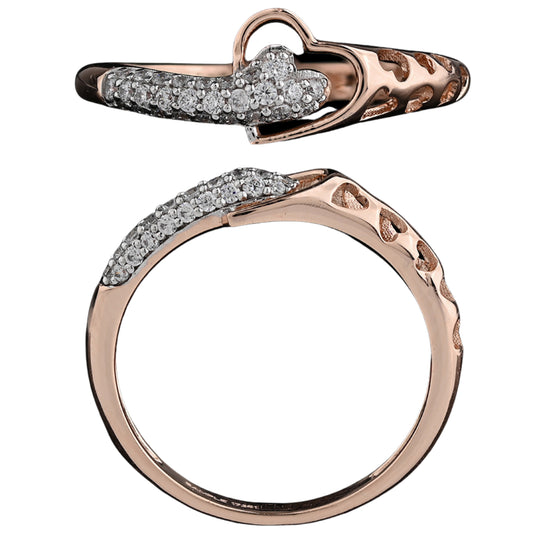Rose gold ring featuring an elegant overlapping leaf-like design adorned with small white stones, displayed from top and side angles against a white background.