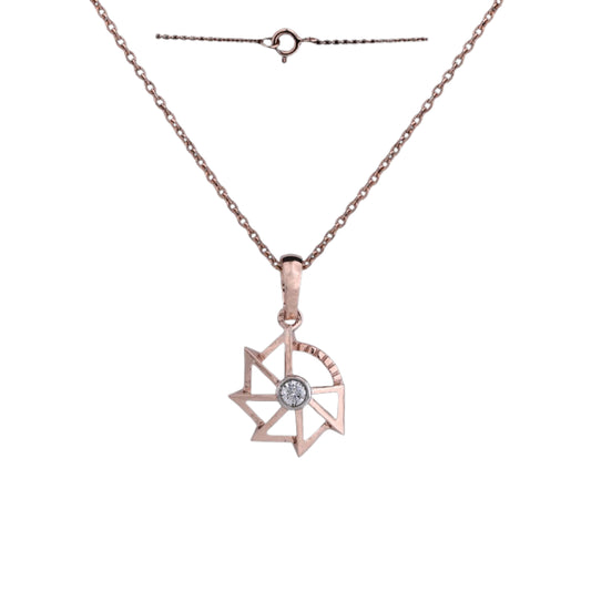 Geometric rose gold pendant necklace by jnjbymadhuri, featuring a star-inspired design with a central round diamond, displayed with its fine chain and clasp on a white background.