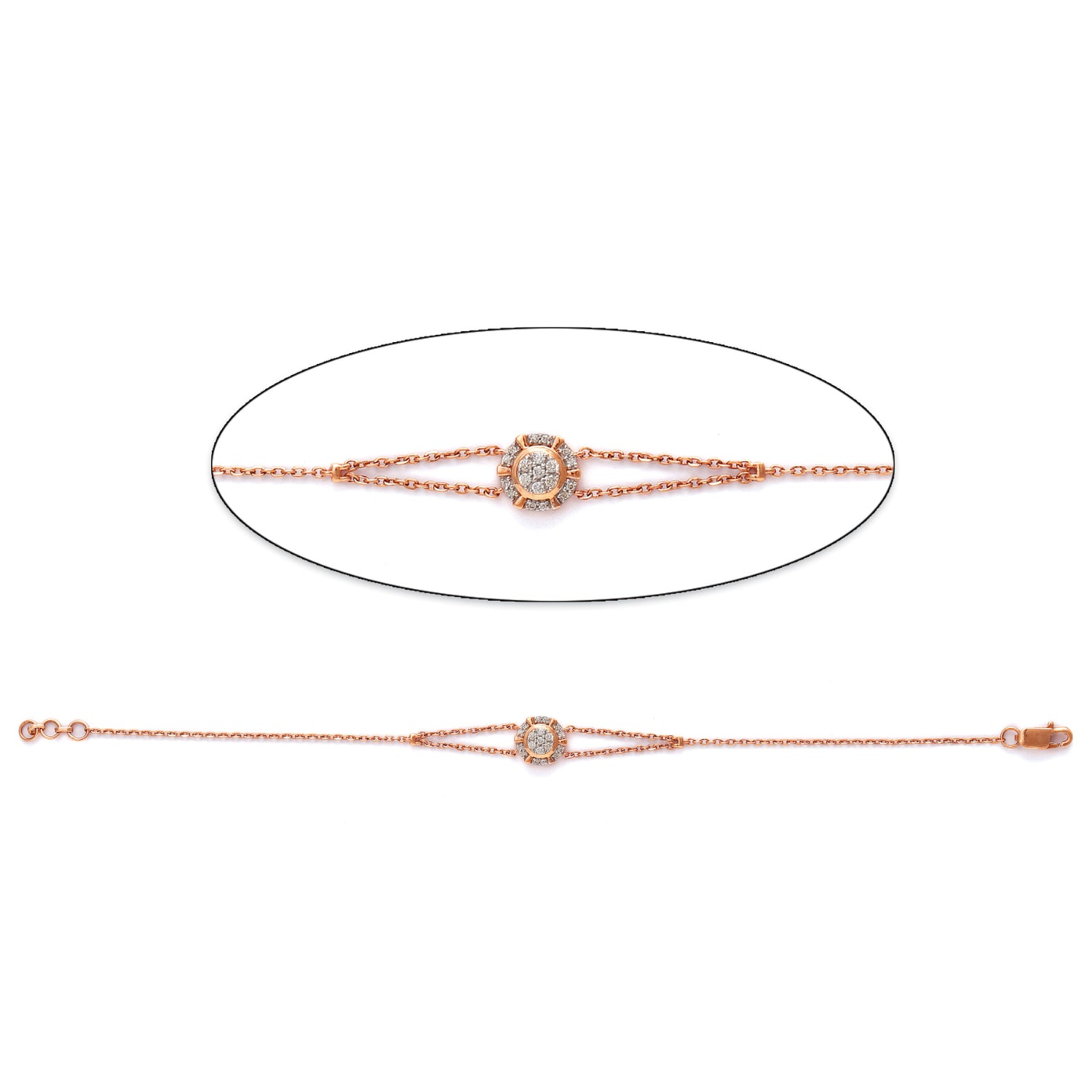 A delicate and sophisticated rose gold bracelet by jnjbymadhuri, featuring a circular centerpiece adorned with sparkling stones and flanked by intricate linear accents—blending timeless elegance with contemporary charm.