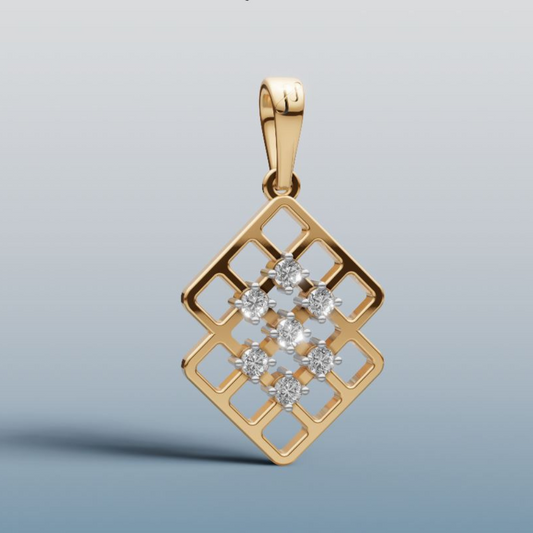 Gold pendant with diamond-like stones on a light gray background