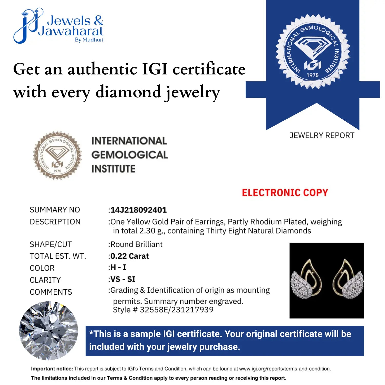 Sample IGI certificate from jnjbymadhuri showcasing diamond jewelry authentication details, including jewelry description, weight, shape, and quality, with branding from the International Gemological Institute and a note stating that an original certificate will be included with every diamond jewelry purchase.