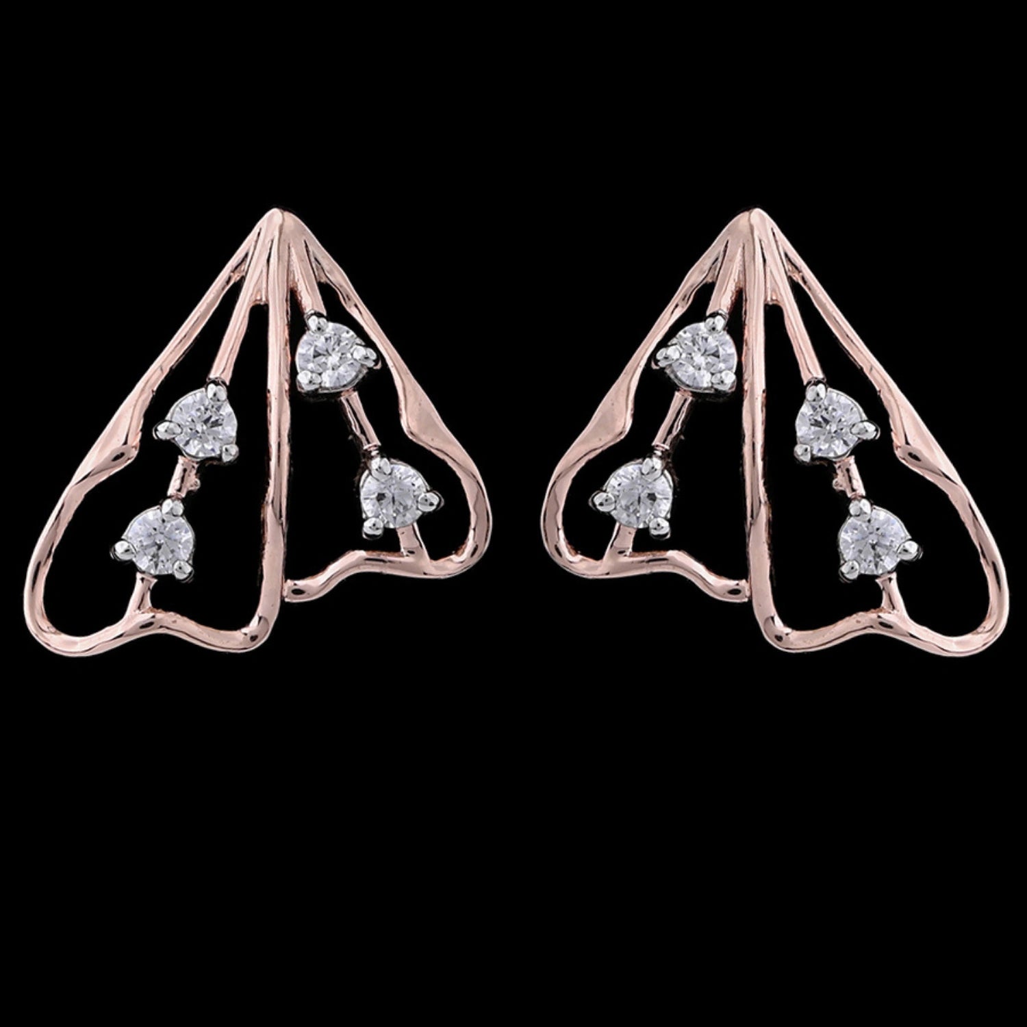 This image provides a detailed view of the triangular rose gold earrings on a black background. The design features delicate openwork with three sparkling stones arranged in a descending line on each earring. These earrings blend modern geometric elegance with a refined sparkle, making them suitable for both casual and formal wear. The rose gold finish enhances their warm, sophisticated appeal.
