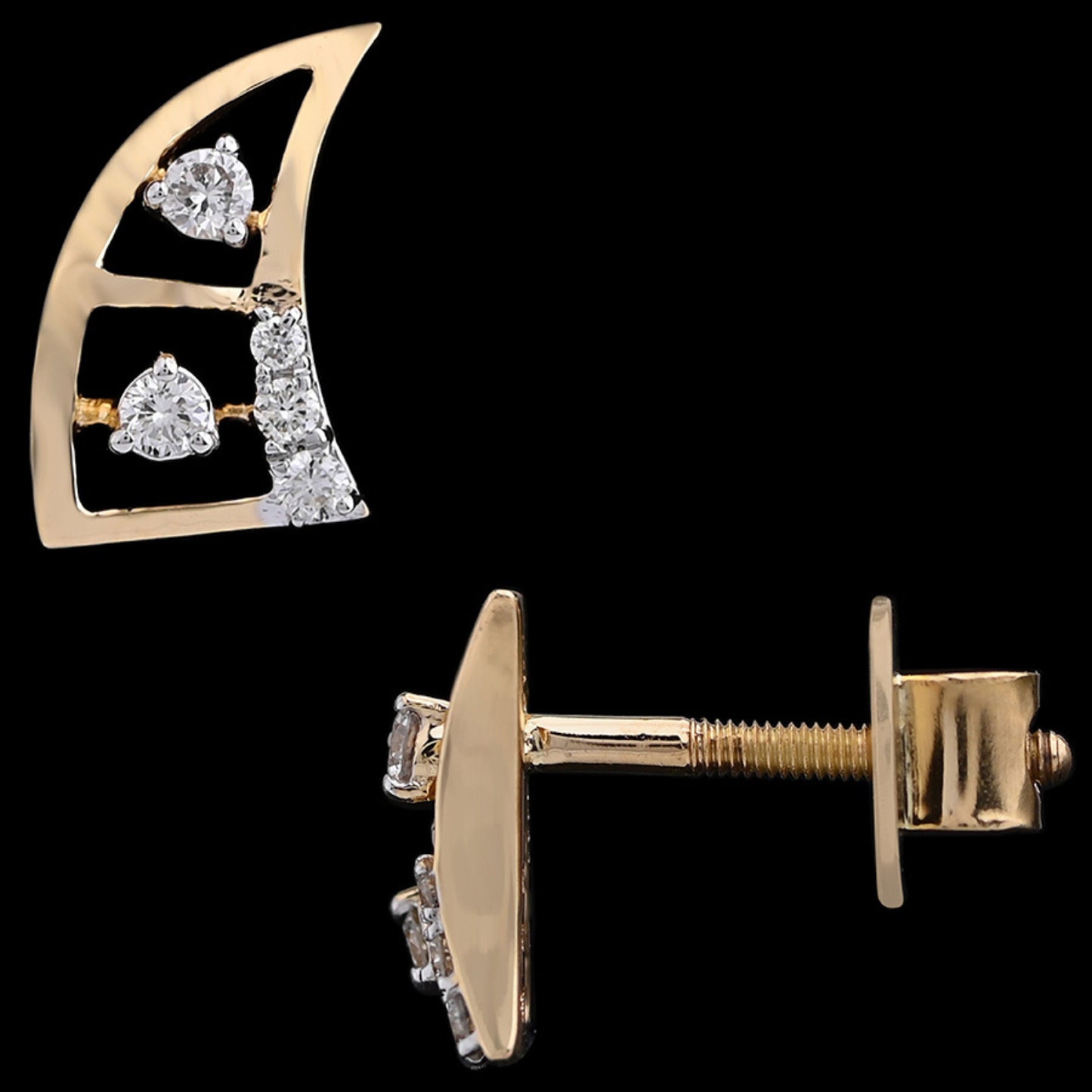 a pair of modern geometric gold stud earrings featuring triangle and round-cut diamonds, presented against a black background — jewelry by jnjbymadhuri