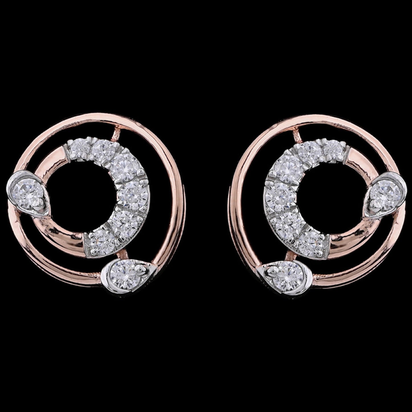 "Pair of circular rose gold and diamond stud earrings featuring a swirl design with small round and pear-shaped diamonds, displayed on a black background."