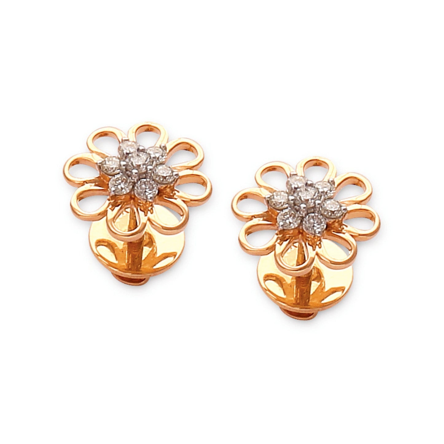 Elegant floral gold earrings by jnjbymadhuri, featuring open petal loops adorned with shimmering diamonds at the center, offering a perfect blend of traditional charm and modern finesse.