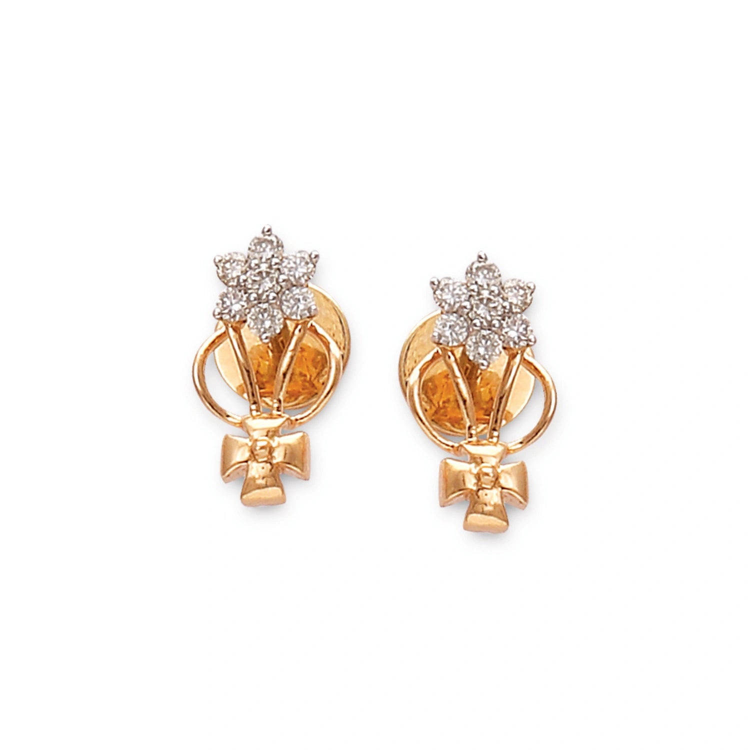 gold stud earrings with a floral diamond cluster on top, connected to a gold bow-like base — displayed on a white background.