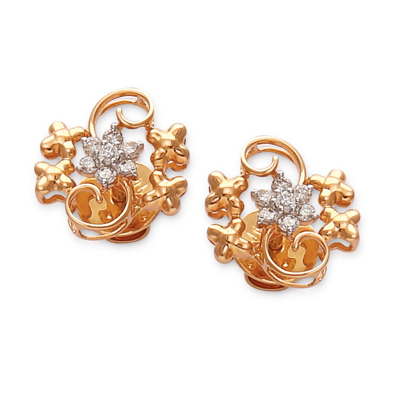 a pair of ornate rose gold earrings with intricate floral and vine designs featuring central diamond accents — jewelry by jnjbymadhuri.