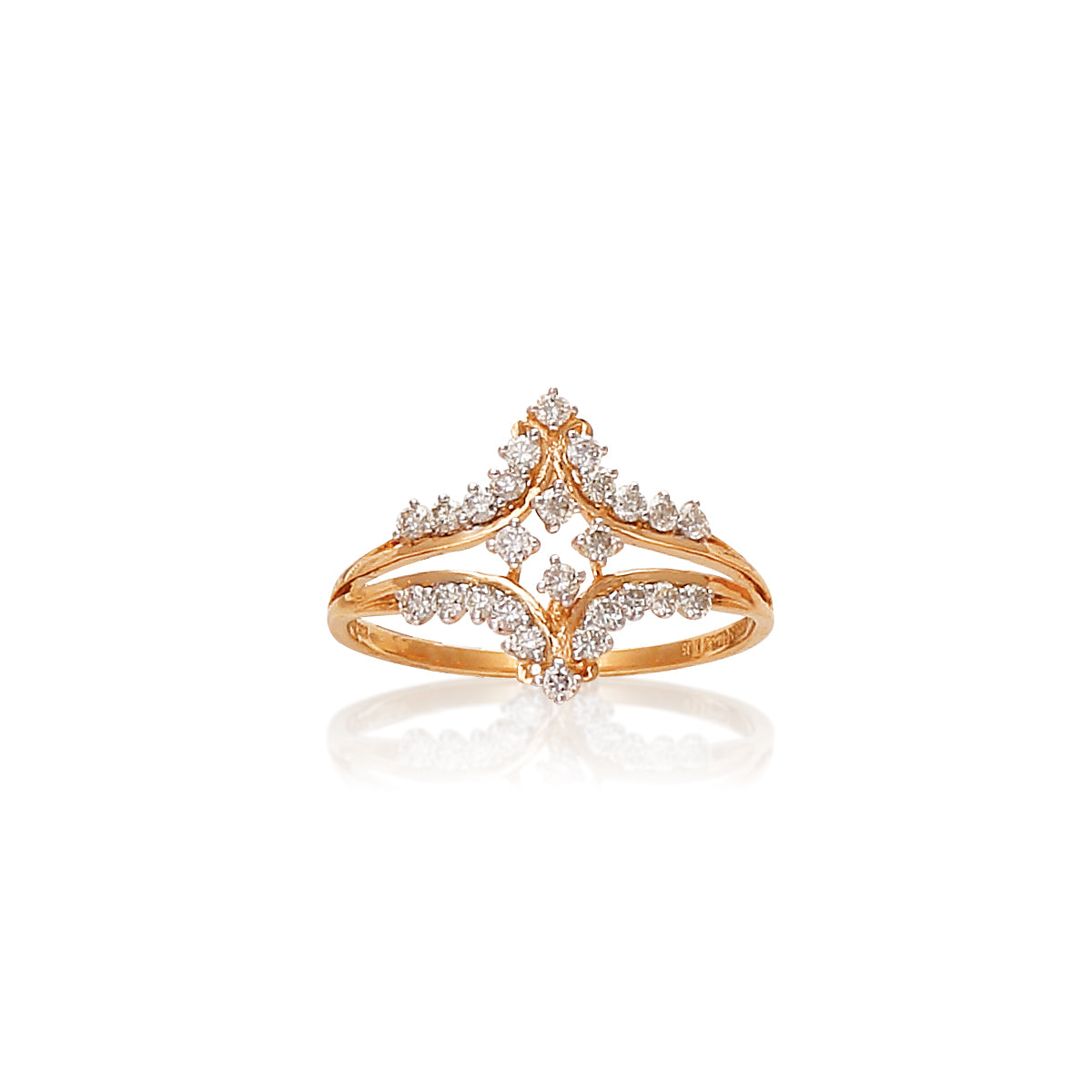 Gold ring with a symmetrical V-shaped design featuring a diamond-studded open center and rows of small diamonds along the top curves, set against a white background with a soft reflection.