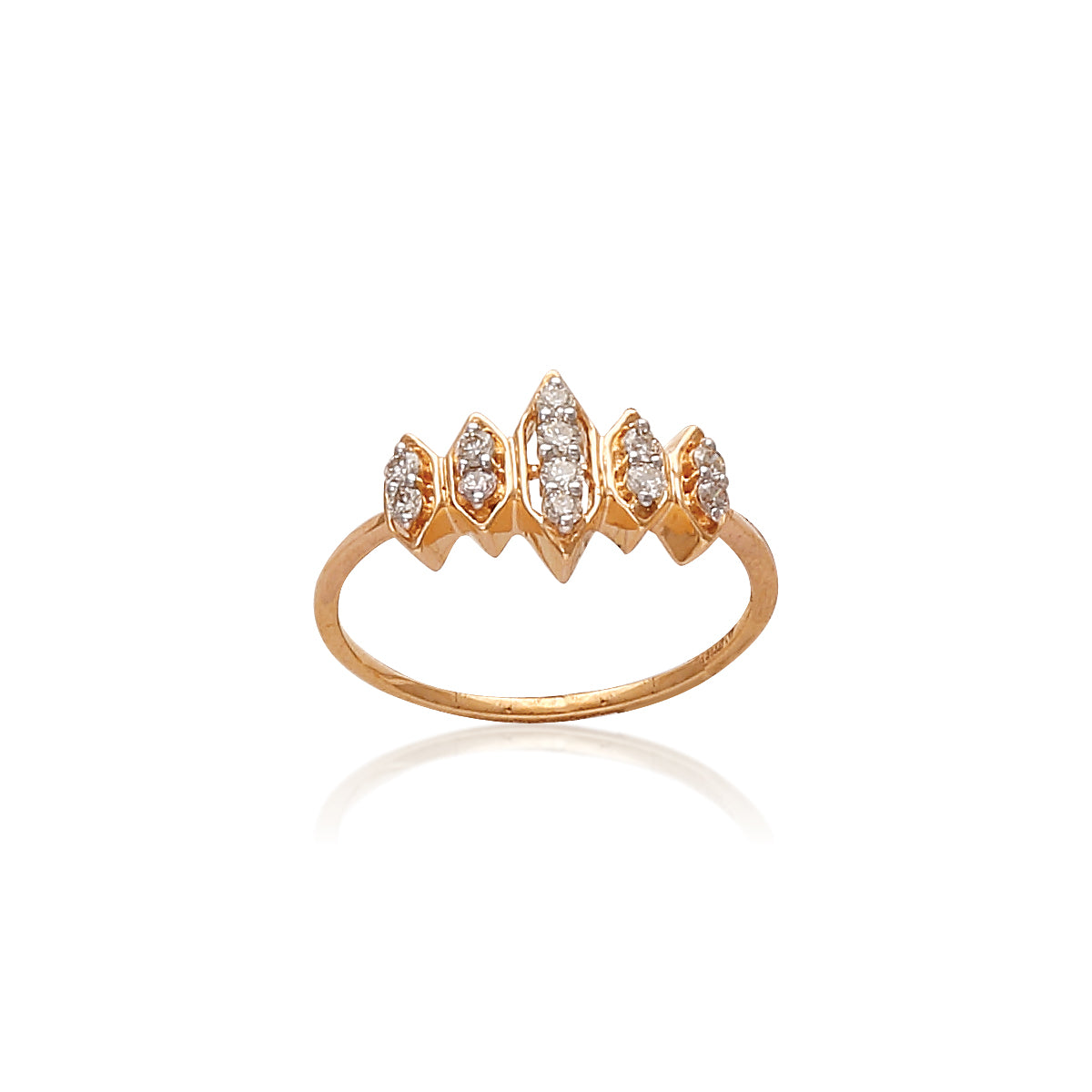 Gold ring featuring five marquise-cut diamonds arranged in a fan-like pattern, with the central stone slightly elevated, set against a clean white background with a soft reflection below.