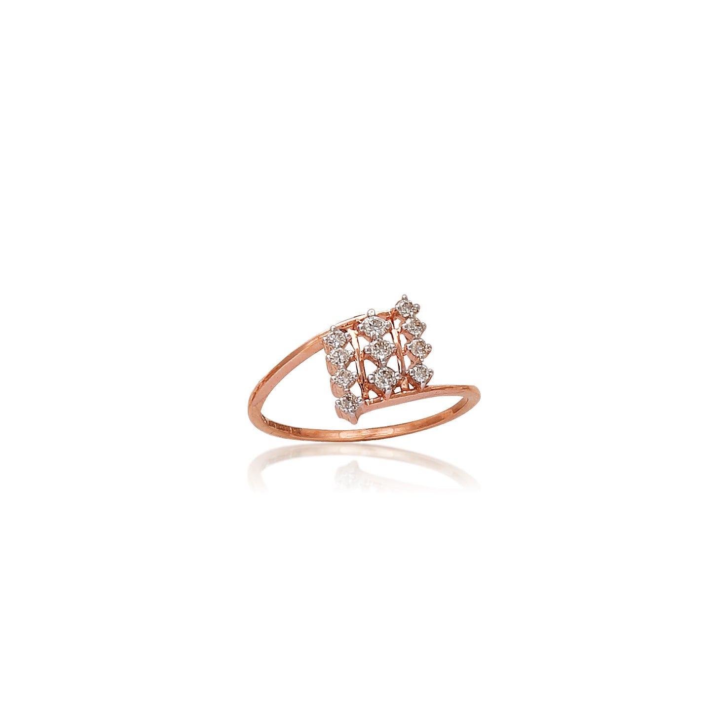 Elegant rose gold bypass ring by jnjbymadhuri, adorned with clustered diamonds in a modern, asymmetrical design—perfect for a contemporary yet timeless look.