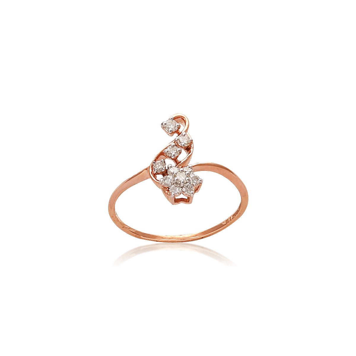 Delicate rose gold ring featuring an asymmetrical arrangement of sparkling diamonds, gracefully set along a curved open band, displayed on a white background with soft reflection.