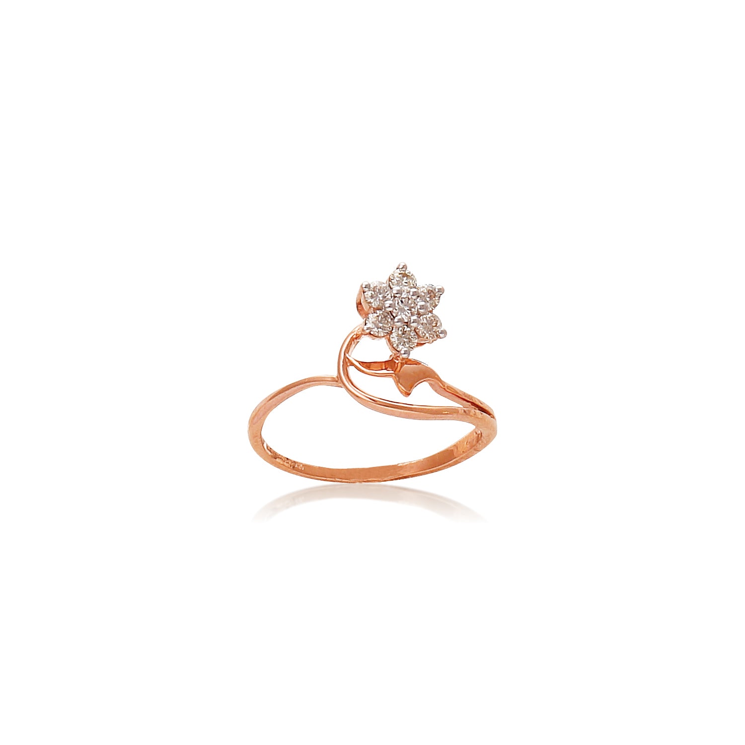 Elegant rose gold ring by jnjbymadhuri, featuring an open design with a sparkling diamond-studded floral motif on one end and a delicate leaf detail on the other, displayed against a white background