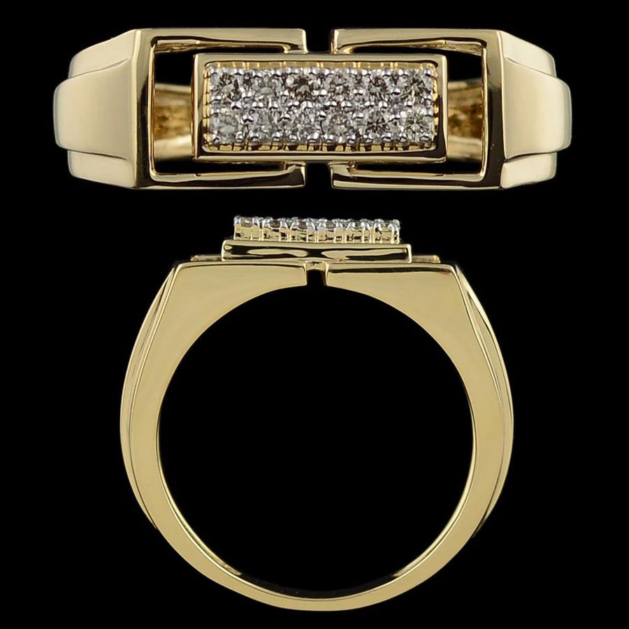 Contemporary gold ring featuring a bold rectangular panel encrusted with diamonds, designed for a statement look. A premium piece by jnjbymadhuri.