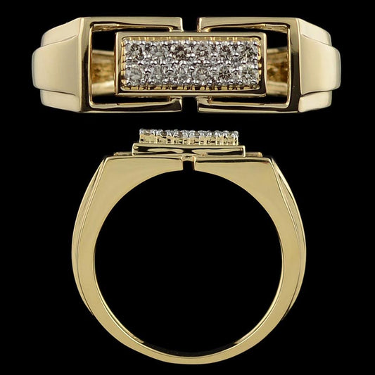 Contemporary gold ring featuring a bold rectangular panel encrusted with diamonds, designed for a statement look. A premium piece by jnjbymadhuri.