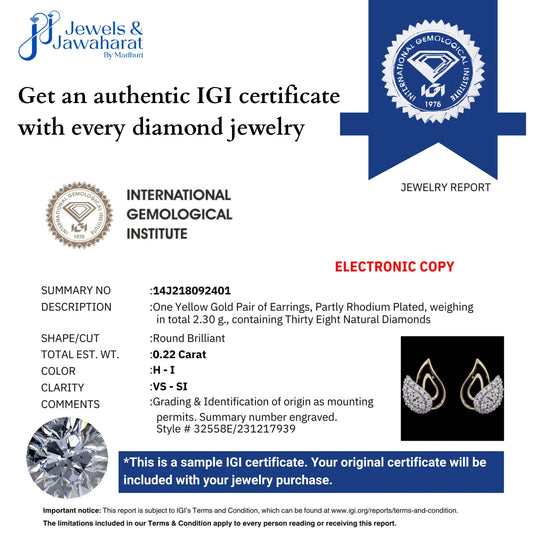 Sample IGI certificate from jnjbymadhuri showcasing diamond jewelry authentication details, including jewelry description, weight, shape, and quality, with branding from the International Gemological Institute and a note stating that an original certificate will be included with every diamond jewelry purchase.