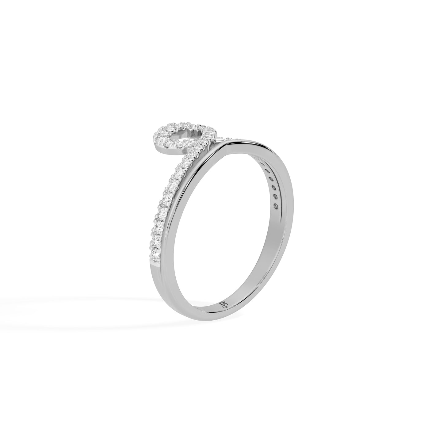 Silver ring with diamond accents on a white background