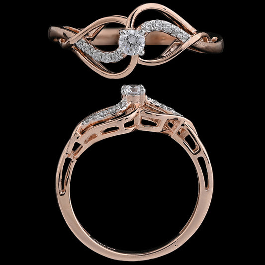 Rose gold ring featuring a gracefully twisted band and a sparkling diamond centerpiece. A sophisticated and artistic design by jnjbymadhuri for modern elegance.