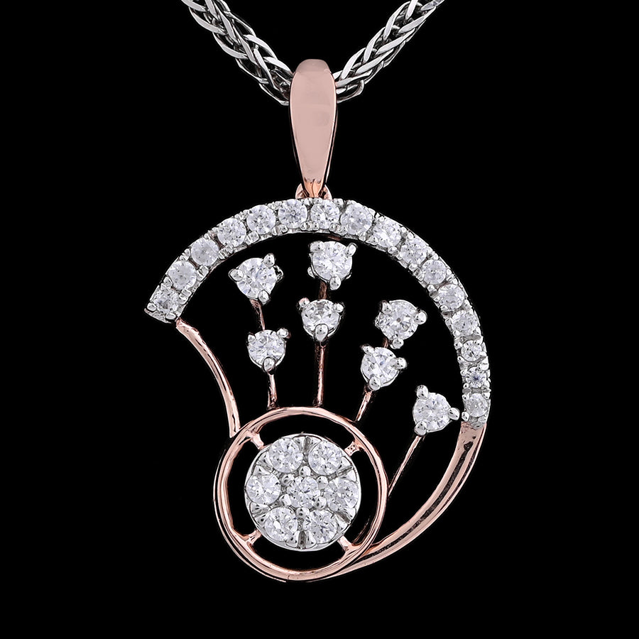 A stunning pendant by jnjbymadhuri, featuring a floral burst design crafted in rose gold and encrusted with brilliant diamonds. The elegant arc and delicate stems radiate outward, creating a sparkling statement of grace and modern artistry.