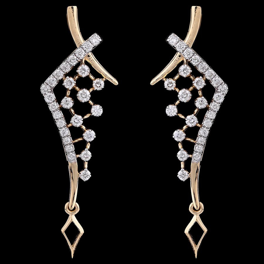 Elegant gold earrings featuring cascading diamond accents and geometric charm drops, a stunning design by jnjbymadhuri.