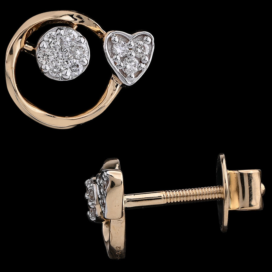 Stylish gold stud earrings showcasing a circular frame with a sparkling round center and a diamond-studded heart. A graceful blend of love and elegance by jnjbymadhuri.