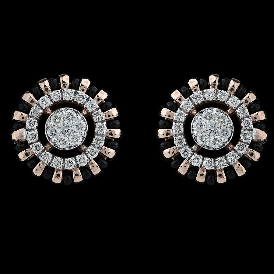 Elegant circular earrings with concentric diamond-studded rings and a bold rose gold frame. Timeless sophistication crafted by jnjbymadhuri.