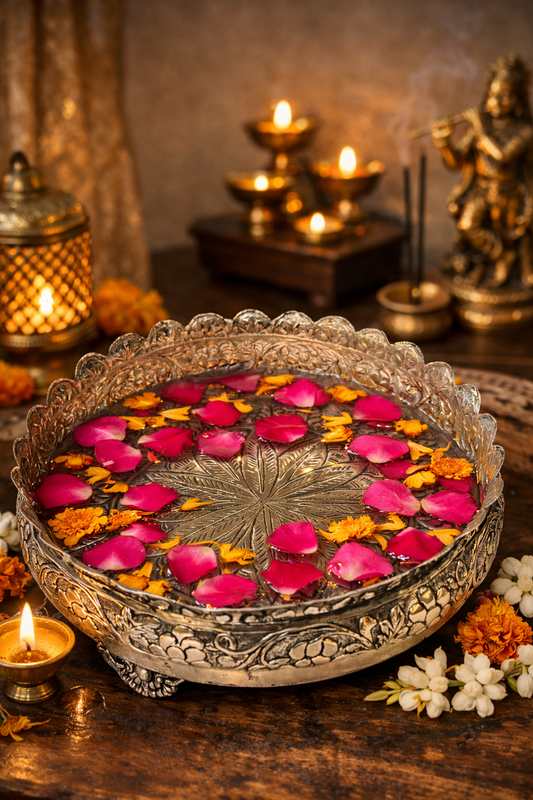 Antique Floral Urli by JNJ by Madhuri, featuring intricate floral detailing and an antique finish, perfect for luxury home décor, festive celebrations, and elegant traditional styling.