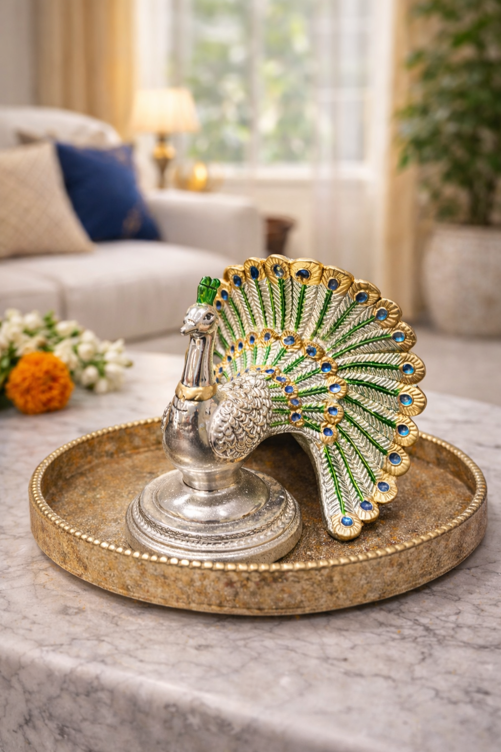 Peacock Statue – elegant luxury handcrafted decorative statue, perfect for home décor and gifting | jnj by madhuri