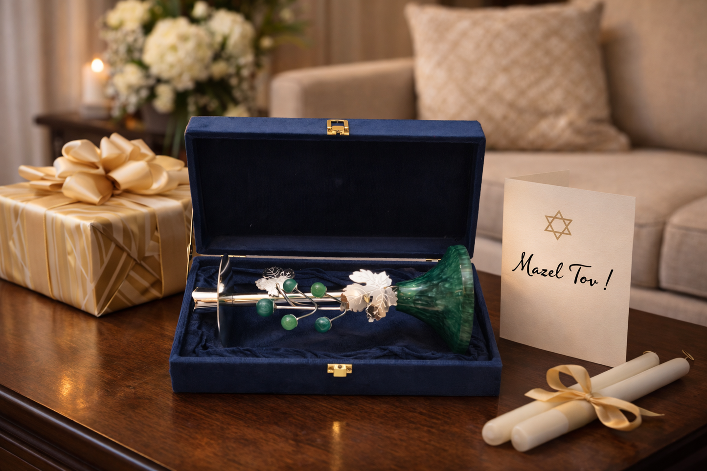 Emerald Marble Candle Stand – elegant luxury handcrafted marble candle holder, perfect for home décor, festive ambiance, and gifting | jnj by madhuri