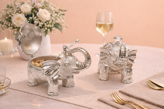 Elegant Elephant Dry Fruit Box Set featuring a luxurious elephant design, perfect for premium festive gifting, weddings, and special occasions by JNJ by Madhuri.