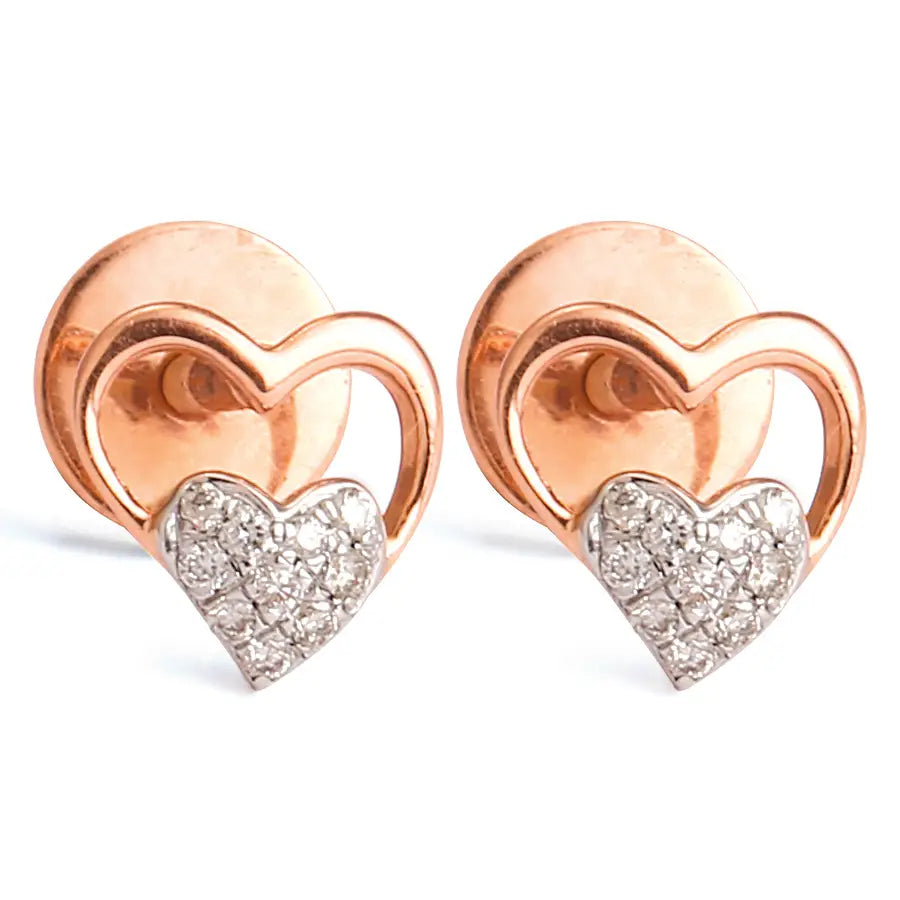 Elegant rose gold heart earrings adorned with pavé diamonds, exuding timeless charm and sophistication, crafted with precision by jnjbymadhuri.