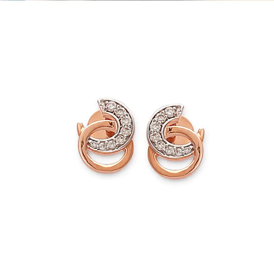 Chic rose gold earrings featuring a crescent and circle motif adorned with shimmering stones for a graceful, modern look. A sophisticated creation by jnjbymadhuri that blends elegance with everyday wearability.