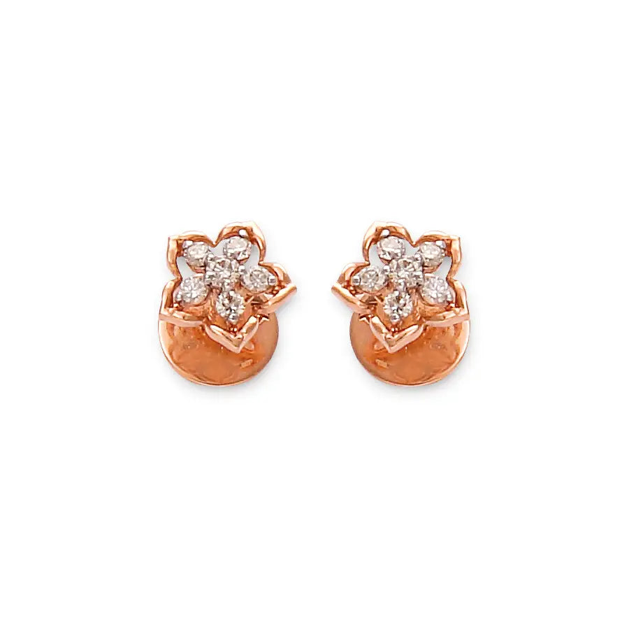 Chic rose gold stud earrings featuring a delicate floral motif with sparkling diamond accents. A perfect blend of elegance and charm by jnjbymadhuri.