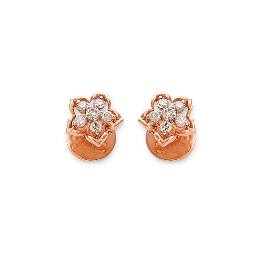 Chic rose gold stud earrings featuring a delicate floral motif with sparkling diamond accents. A perfect blend of elegance and charm by jnjbymadhuri.