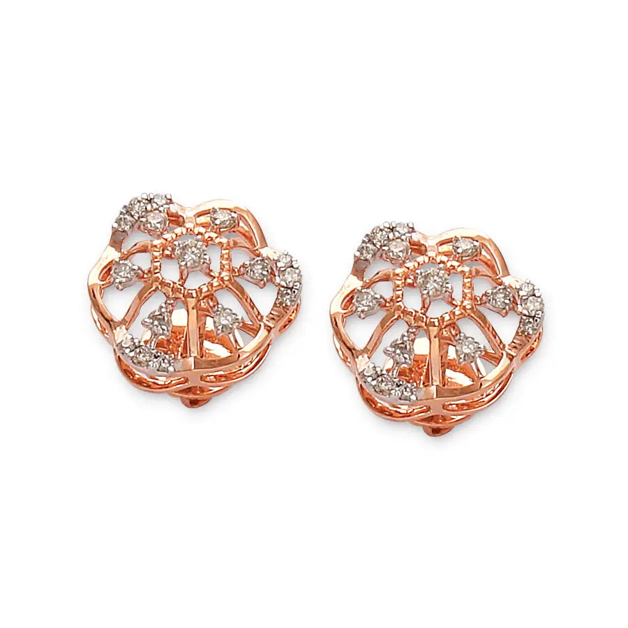 Delicate rose-shaped stud earrings in rose gold, adorned with shimmering white stones for a graceful floral sparkle. Elegantly handcrafted by jnjbymadhuri, these earrings are perfect for adding charm to any outfit.