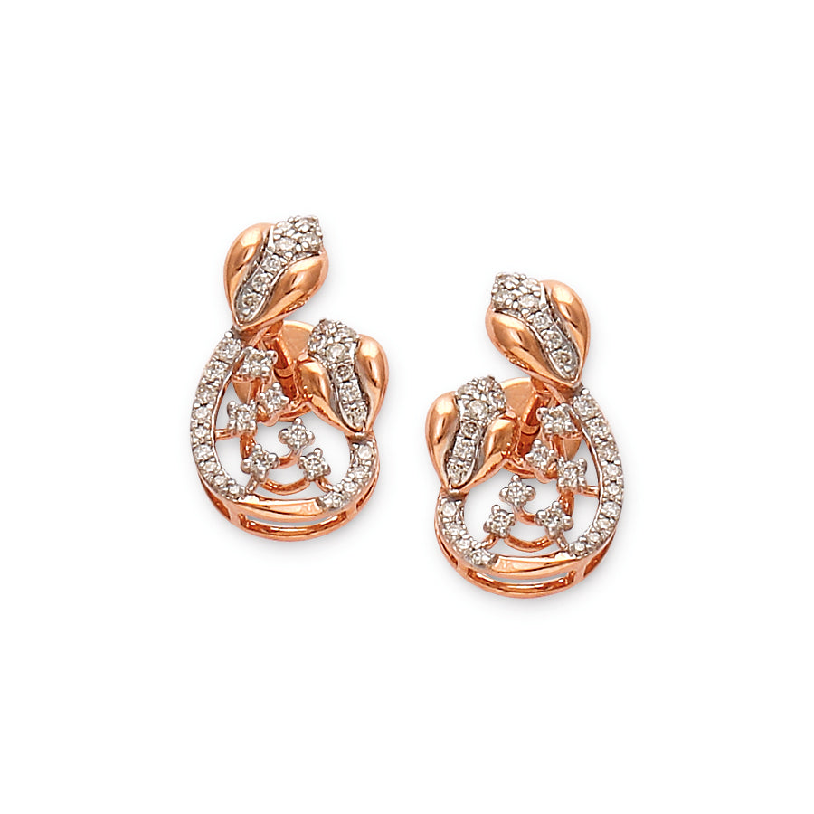 Elegant rose gold earrings in a teardrop motif, embellished with shimmering diamonds and intricate leaf-like accents, reflecting timeless sophistication by jnjbymadhuri.