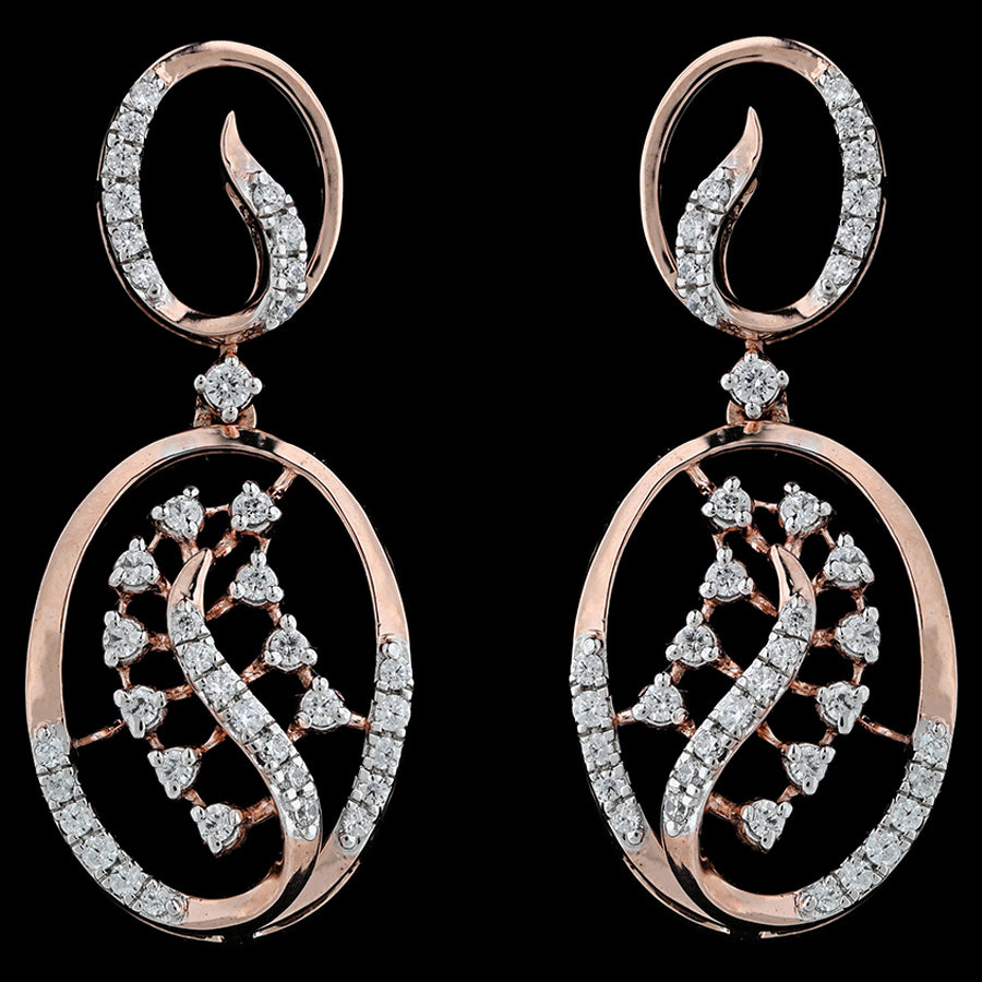 Elegant oval earrings in rose gold featuring a sparkling diamond swirl and intricate lattice design. A refined statement from jnjbymadhuri.