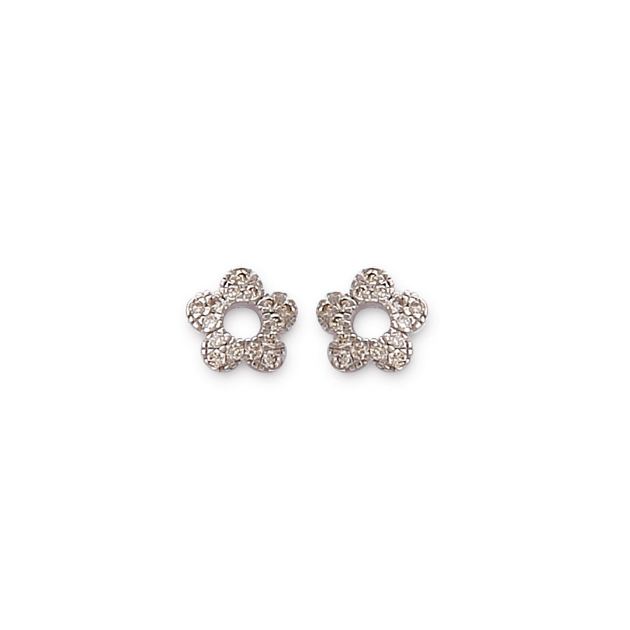 Delicate flower-shaped stud earrings adorned with shimmering diamonds, perfect for adding a subtle sparkle to any look. Crafted by jnjbymadhuri, these studs embody elegance in a minimal floral design.