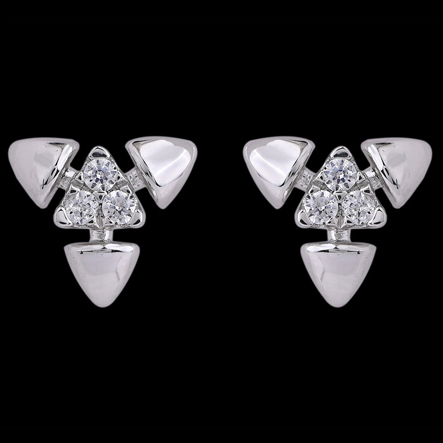 Modern white gold earrings with a geometric triangle motif, accentuated by a cluster of sparkling diamonds. A sleek and stylish piece by jnjbymadhuri.