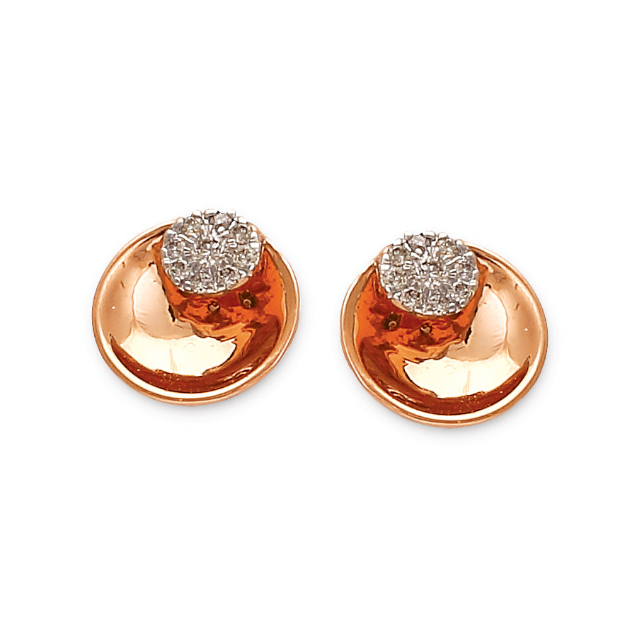 Glossy rose gold stud earrings with a dome-like finish, topped with a dazzling cluster of diamonds. A bold and modern design by jnjbymadhuri.