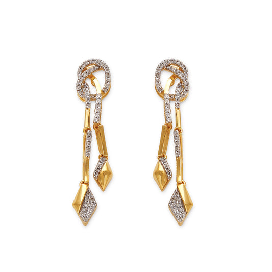 Contemporary gold and diamond drop earrings with geometric accents and dual dangling elements for a bold, modern look. An artistic creation by jnjbymadhuri.