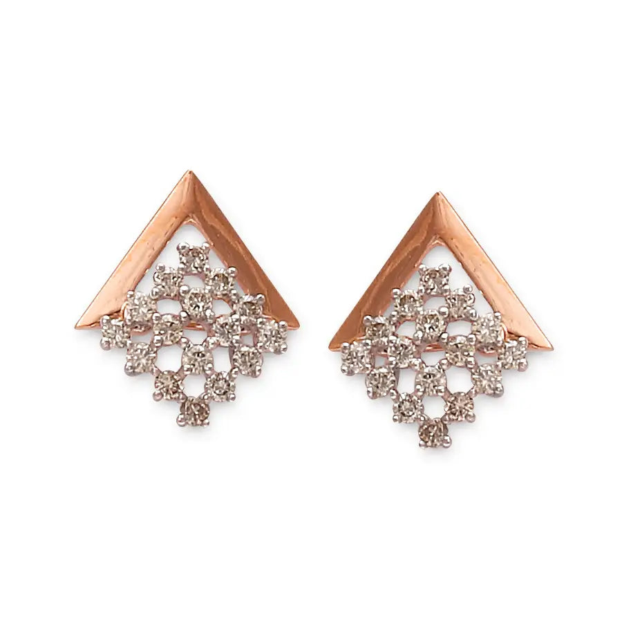 Chic rose gold earrings designed in a modern V-shape, embellished with an intricate diamond cluster that adds elegance and sparkle. A bold contemporary creation from jnjbymadhuri.