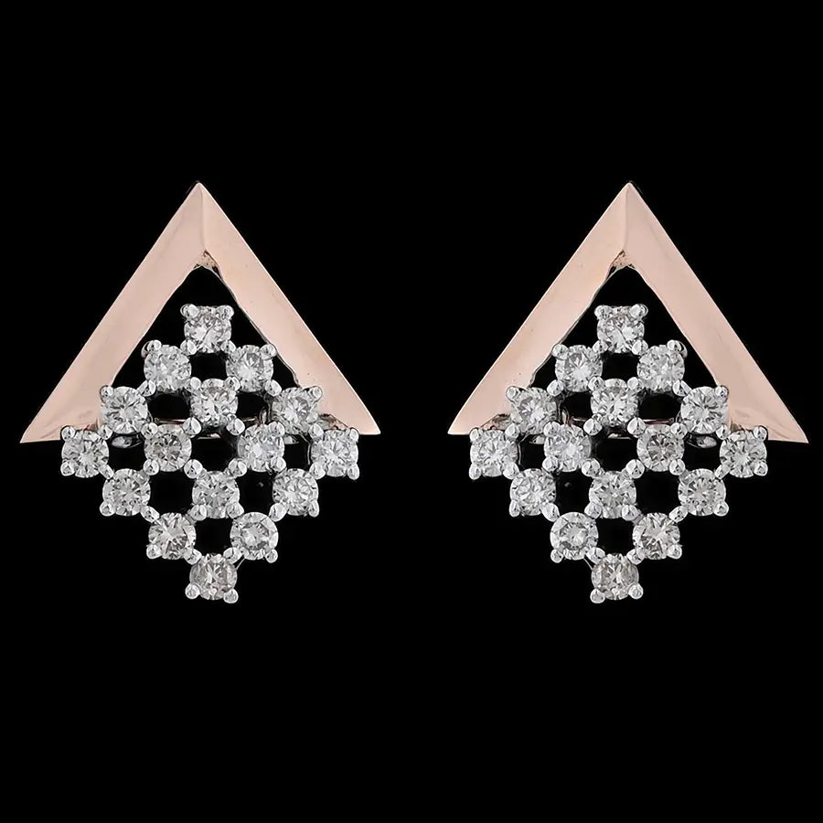 Elegant V-shaped rose gold earrings adorned with a cascading diamond lattice, offering a timeless yet modern charm. A signature piece from jnjbymadhuri.
