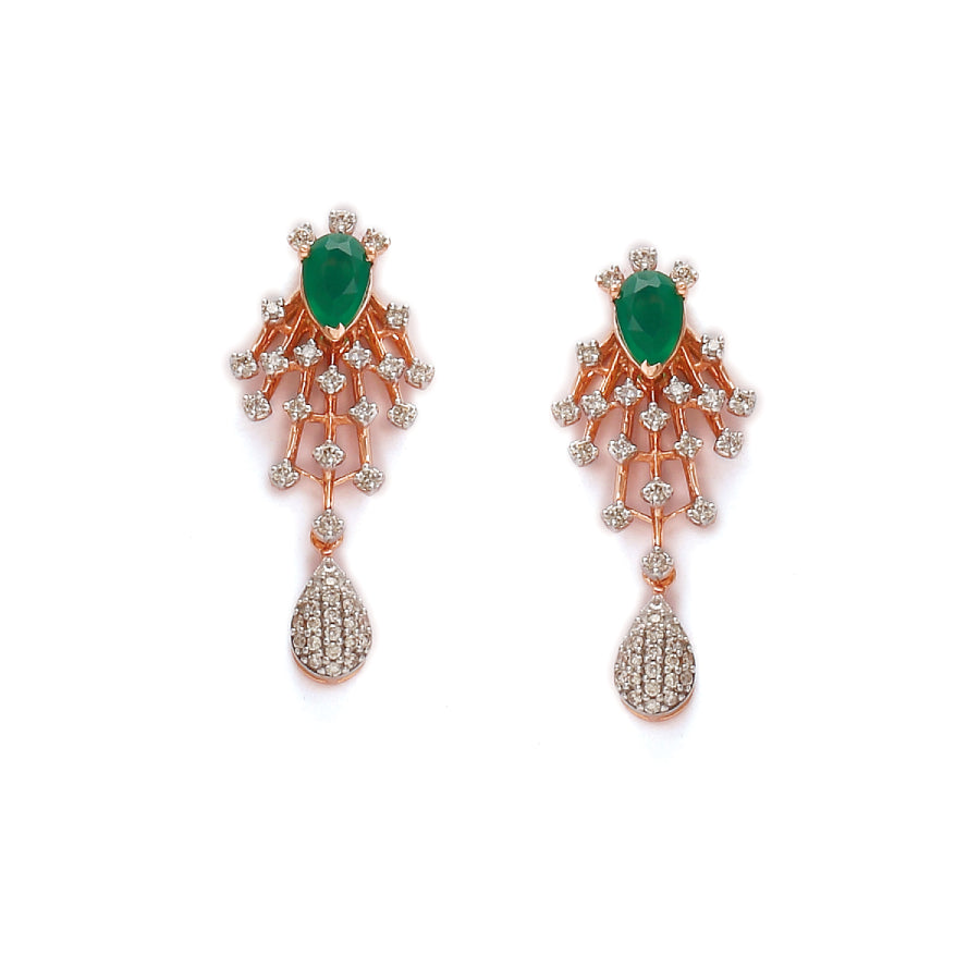 Elegant earrings adorned with green gemstones, rose gold lattice, and diamond-studded teardrop danglers. A refined statement by jnjbymadhuri.