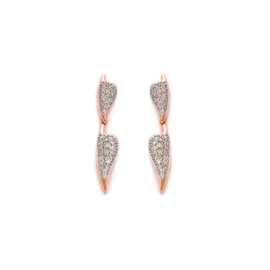 Contemporary double-drop earrings from jnjbymadhuri, crafted in rose gold and encrusted with shimmering white stones for a sleek modern look. Elevate your style with these versatile, elegant pieces by jnjbymadhuri.
