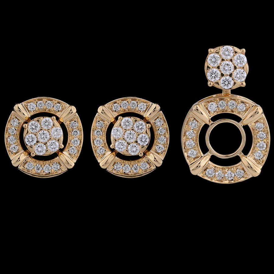 A pair of elegant gold-toned earrings featuring concentric circular designs encrusted with sparkling white stones, paired with a detachable top stud for versatile styling. These timeless yet contemporary earrings are a statement creation by jnjbymadhuri.