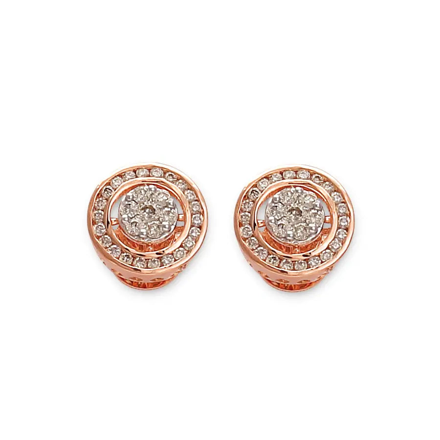 Timeless round stud earrings in rose gold, embellished with concentric circles of dazzling white stones for a radiant finish. Expertly crafted by jnjbymadhuri, these earrings exude understated luxury and charm.