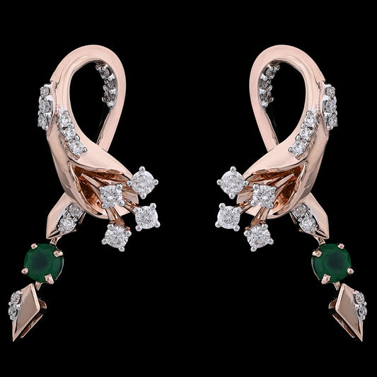 Elegant rose gold earrings with a looped design, sparkling diamonds, and dangling green gemstone accents, crafted exquisitely by jnjbymadhuri.