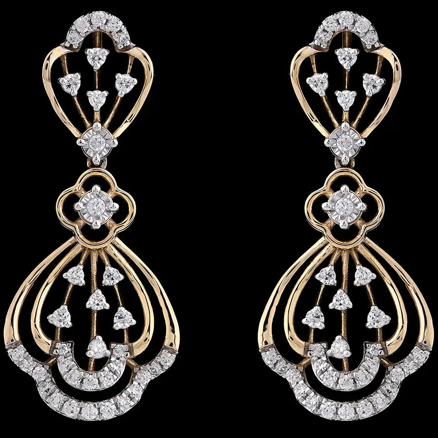 Elegant gold drop earrings featuring a cascading heart-shaped design with shimmering diamonds. A luxurious and timeless accessory by jnjbymadhuri.