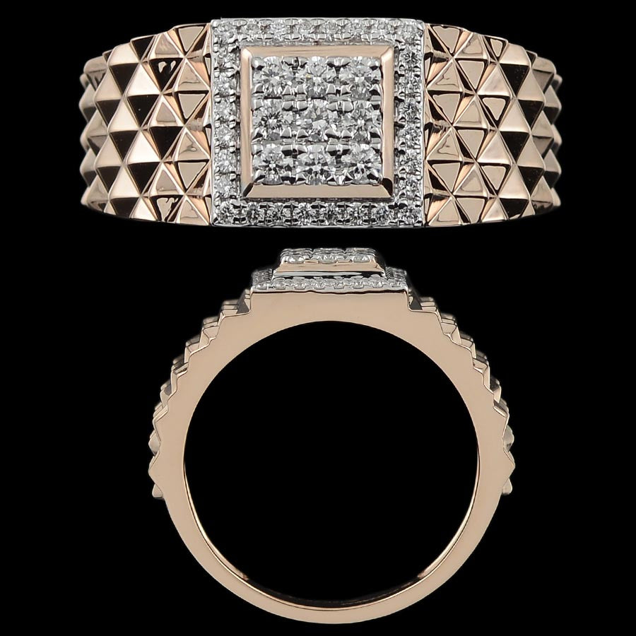 This rose gold ring features a bold pyramid-studded band and a central square diamond cluster framed in white stones. A luxurious and edgy design from jnjbymadhuri, perfect for modern statement wear.